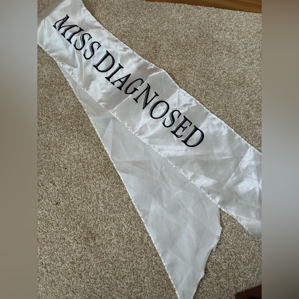 Miss diagnosed bachelorette White Sash with Black Text